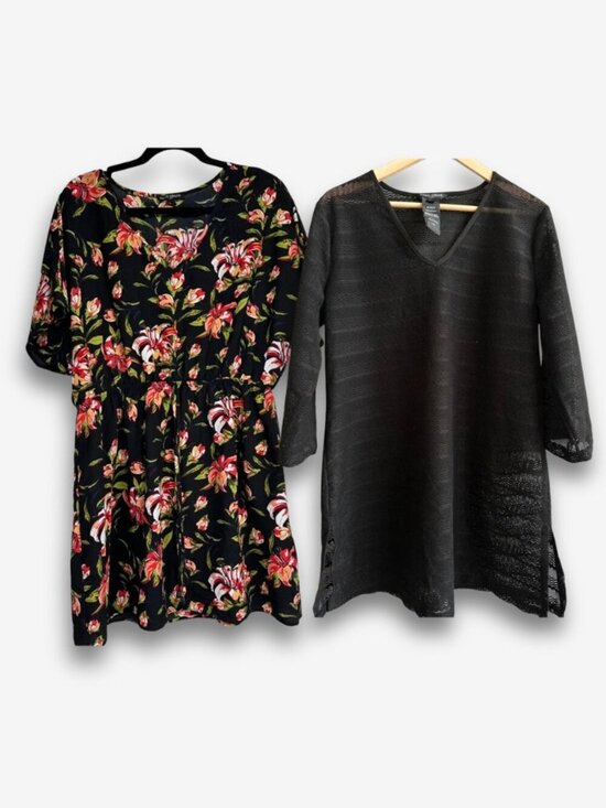 Mario Serrani Other - Mario Serrani 2 Pc Cover Up Set Large Floral Resort Dress Black Knit Tunic